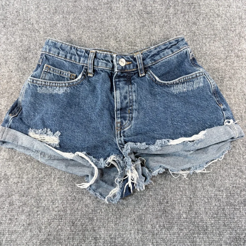Forever 21 Premium Distressed Denim Shorts Blue High Waist Cut Offs Size 26